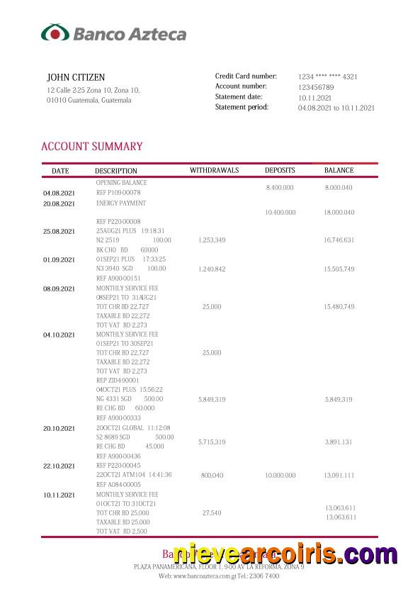 Guatemala Azteca bank statement, Word and PDF format